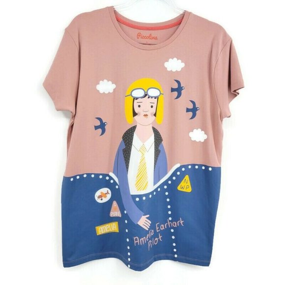 Piccolina Adult Shirt L Dust Pink Amelia Earhart Pilot Colorful Graphic Tee - Picture 1 of 11